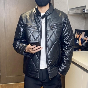68708-P115菱形格高级感PU皮棉服男保暖防风机车棉衣工装棉袄潮