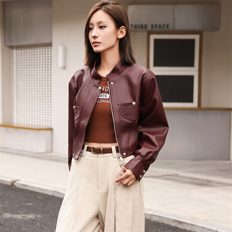 现货仿绵羊皮皮衣女短款时尚外套小立领机车款2024春秋新款潮显高，女装皮衣，跑量工厂店