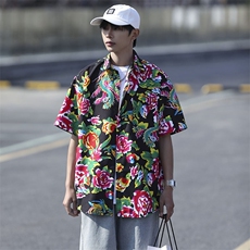 DC203男女中性风东北大花短袖衬衫衣民族风汉服团队服新中式，男装T恤，星座115A(原星座507）