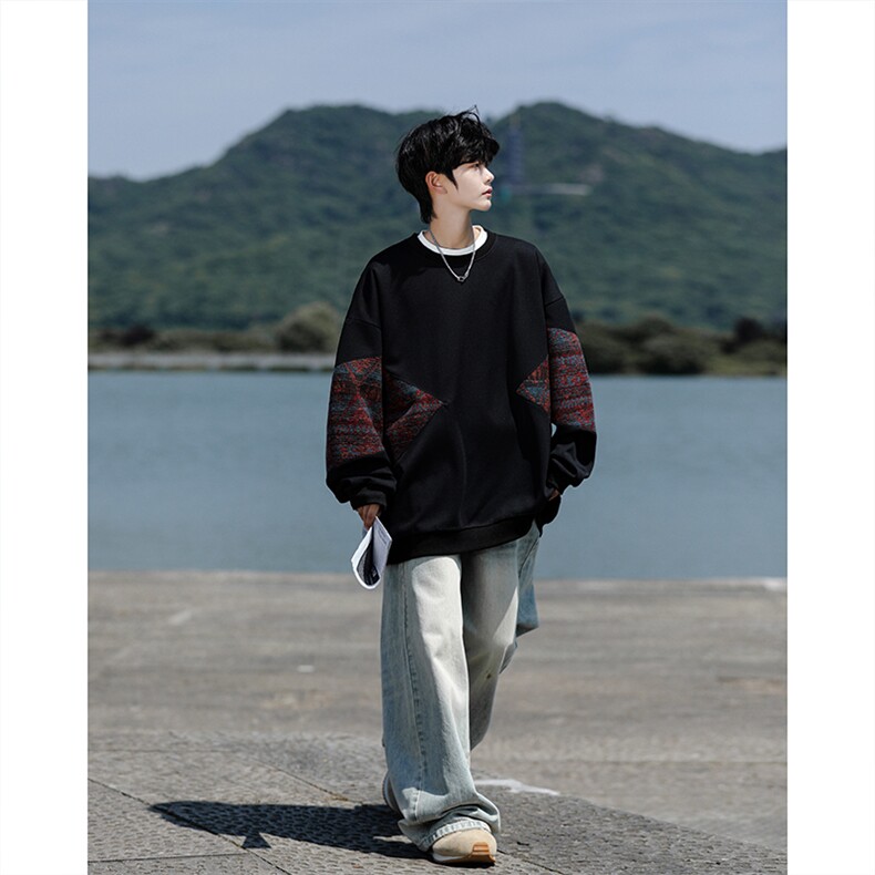 8XL-M春秋季圆领拼接撞色民族风卫衣男新款潮牌上衣服WY005P58,男装卫衣,电商B312