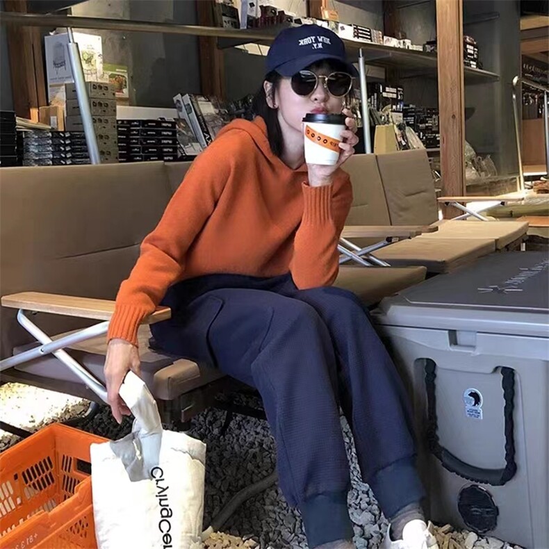 秋季新款舒适显瘦时尚百搭南瓜橘连帽衫长袖,女装羊毛衫,恒恩羊绒