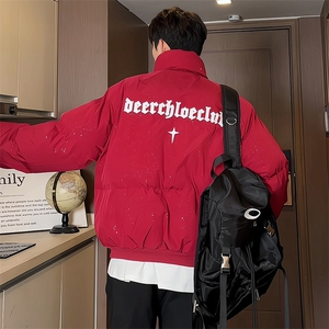 酒红色满天星羽绒棉服男冬季短款美式复古高街外套立领情侣面包服图片