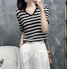 拼色冰丝黑白条纹针织短袖女夏季薄款V领宽松上衣T恤百搭半袖打底，女装针织衫/毛衣，百纯羊绒