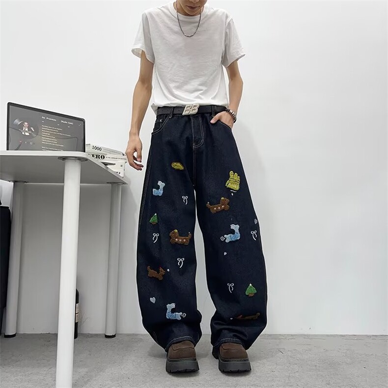 CR0557-P52美式复古卡通刺绣牛仔裤2025春季新款宽松街头阔腿裤,男装牛仔裤,电商C233