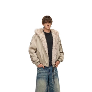 美式复古短款毛领座山雕外套男款冬季cleanfit解构连帽厚夹克棉服图片