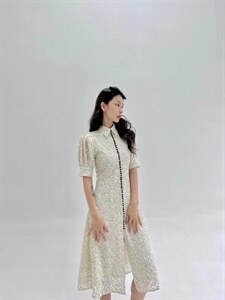 蕾丝泡泡袖连衣裙，女装连衣裙，HE