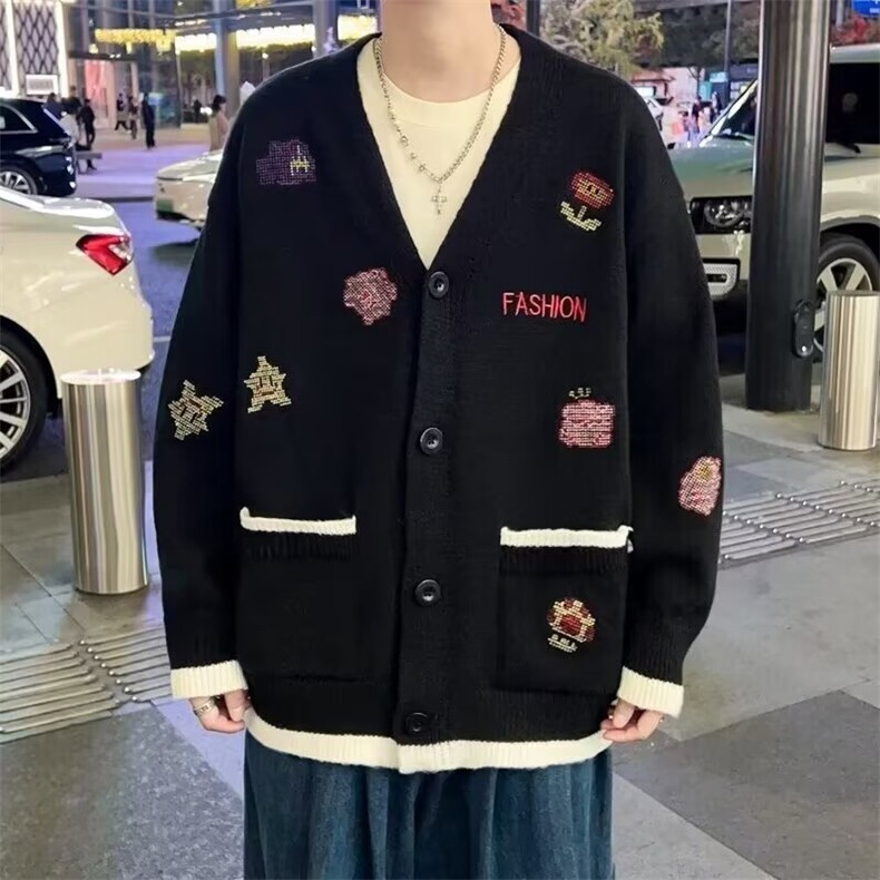 刺绣卡通v领毛衣外套男女款设计感小众显瘦针织开衫上衣MY317 P55图片