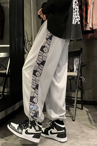 加绒加厚 港风冬新款撞色印花抽绳束脚休闲裤 2109-2-P55控75图片