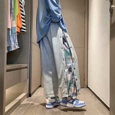 排扣裤子男潮牌腰果花拼接假两件休闲裤宽松直筒阔腿卫裤K78-P40，男装休闲裤，星座1008-1