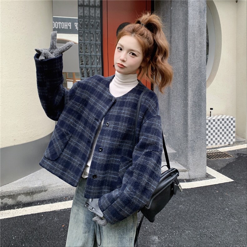 韩系蓝色格子双面呢羊毛外套女秋冬2025新款时髦减龄绝美短款大衣,女装毛呢外套,2B237