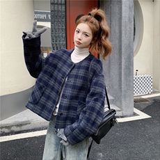 韩系蓝色格子双面呢羊毛外套女秋冬2025新款时髦减龄绝美短款大衣，女装毛呢外套，2B237