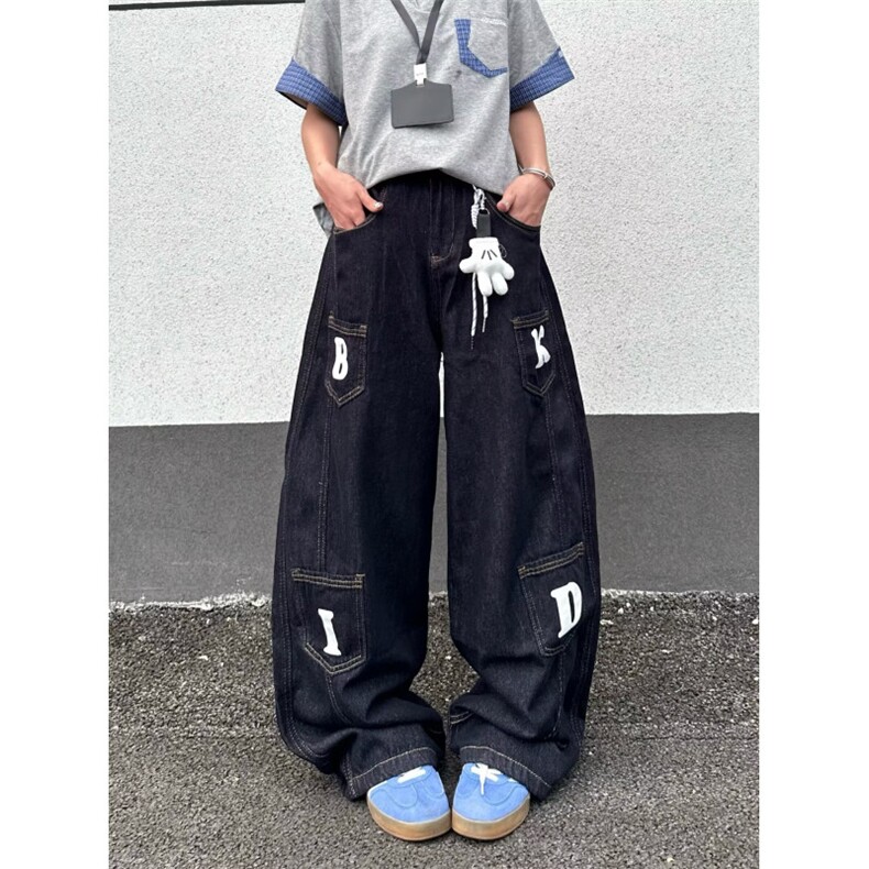 26@美式复古阔腿弯刀宽松刺绣廓形多口袋牛仔长裤K71236-P55网图,男装休闲裤,电商B245