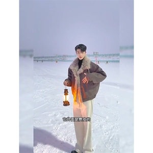 现货重磅硬挺boxy羽绒棉衣座山雕大毛毛领洗水麂皮棉服冬外套图片