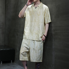2025夏新款风男装新中式盘扣天丝提花套装短裤+短袖A99-P115，男装休闲套装，电商B277(原6028)
