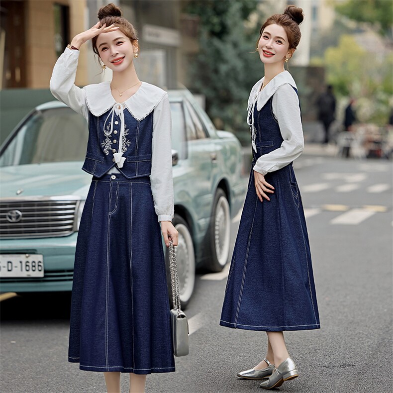 牛仔套装裙女春秋新款时尚洋气刺绣马甲娃娃领衬衫半身裙三件套，女装套装/套裙，悠米