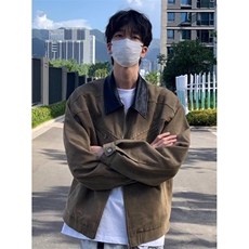 复古美式拼接翻领工装外套男款水洗夹克垫肩棒球服百搭JK982，男装夹克，星座1116A（原606A-3）