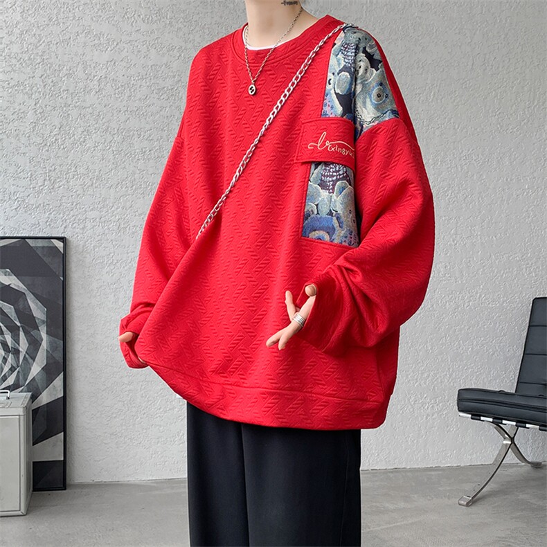 新中式圆领卫衣男春秋季潮牌拼接小熊刺绣上衣国潮大码宽松套头衫，男装卫衣，电商A059