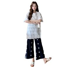 【新款-现货】蕾丝刺绣上衣+刺绣裤子两件套，女装套装/套裙，2C283