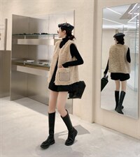 口袋拼麂皮马甲，女装马甲，吉之红