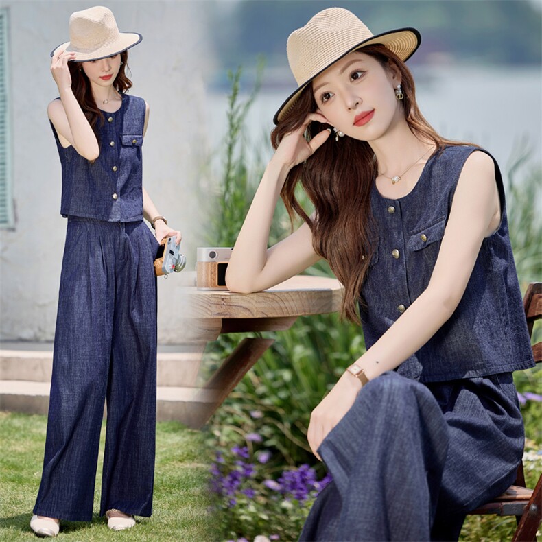 2026超火夏装一整套洋气休闲无袖牛仔马甲高腰阔腿裤时尚两件套潮，女装套装/套裙，美沁