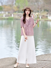 时尚优雅刺绣套装女2026夏季新款复古气质宽松阔腿裤两件套，女装套装/套裙，魅影