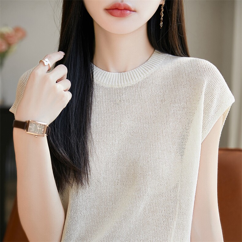 法式飞袖圆领针织背心T恤女25早秋季垂感宽松纯色短袖小衫薄上衣,女装背心吊带,暖烁羊绒