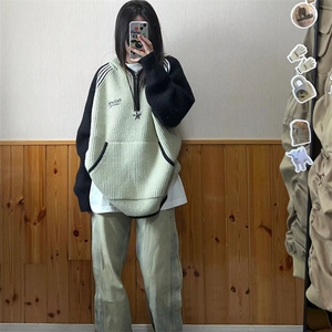 778-P55 美式毛衣女秋冬宽松潮牌撞色插肩袖连帽日系慵懒针织衫图片