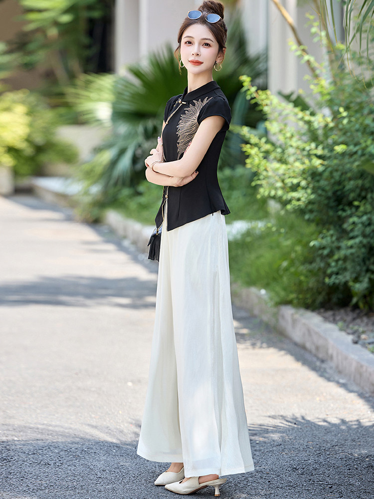 中式国风时尚流行刺绣套装女2025夏日巨好看的唐装阔腿裙裤两件套,女装套装/套裙,玖莱伊