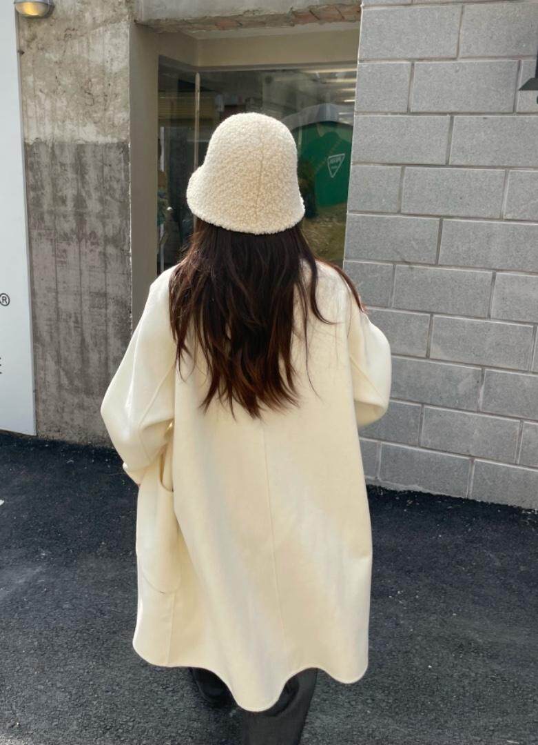 秋冬新款简约翻领中长款两粒扣大口袋羊绒大衣，其它，HJ