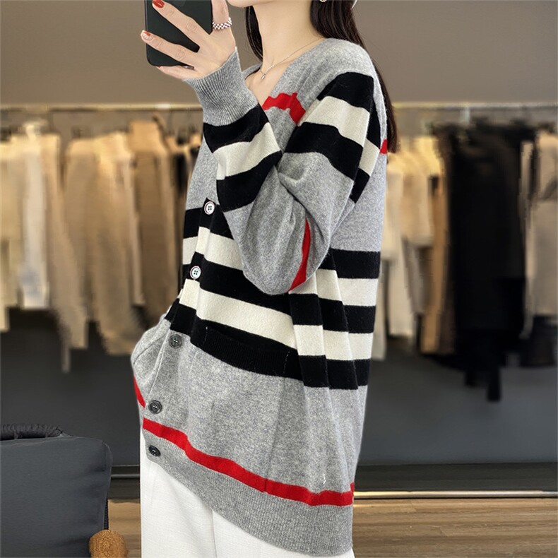 开衫长袖2024年秋季条纹拼接显瘦单排扣羊毛针织衫，女装羊毛衫，盛鼎羊绒
