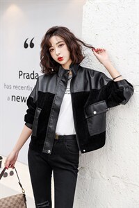 春季秋季短款显瘦muji风嘻哈风立领皮衣拼接女装春秋时尚休闲百搭，女装皮衣，缘衣格