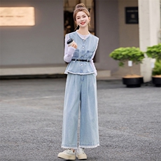档口现货2025年新款女装春季休闲/淑女牛仔三件套套裤，女装套装/套裙，靓星雨