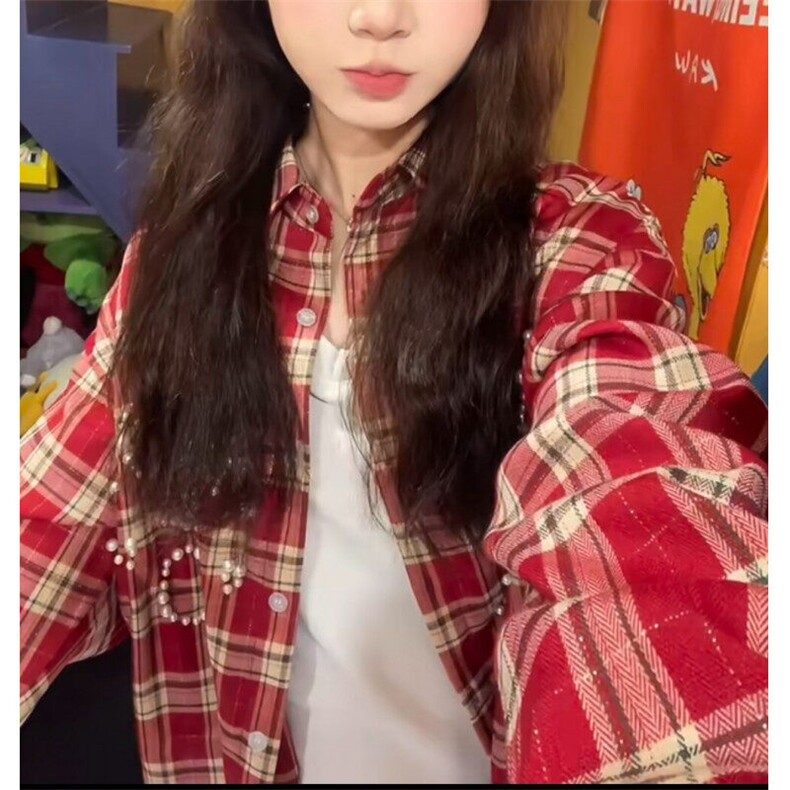 美式复古钉珠设计格子长袖衬衫男女夏季设计感痞帅风衬衣外套,男装衬衫,星座601-1