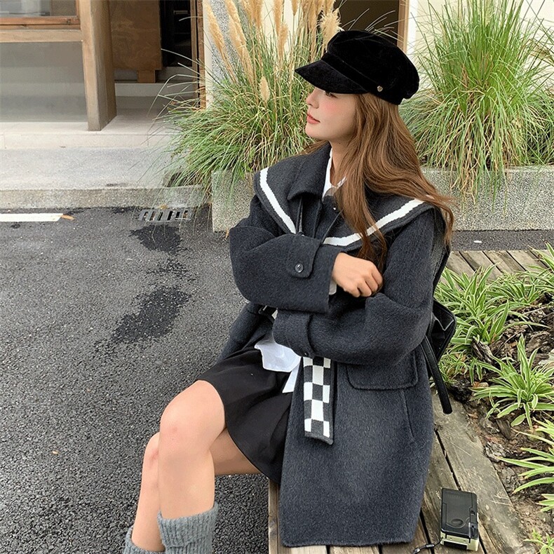 学院风格纹翻领灰色毛呢外套女秋冬2025新款流行爆款气质百搭大衣,女装毛呢外套,2D080
