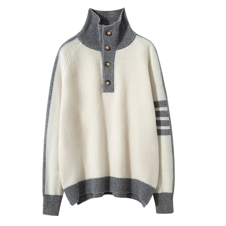 2025年秋季新款百搭七针三道杠扣子半开领，女装羊毛衫，宏杨羊绒