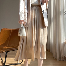 25夏季新款流金纱半身裙显瘦百褶裙女垂坠感高腰中长款伞裙a字裙，女装半身裙，羊特美羊绒