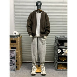 秋冬日系复古外套简约韩毛衣开衫男拉链纯色保暖百搭针织衫休闲图片