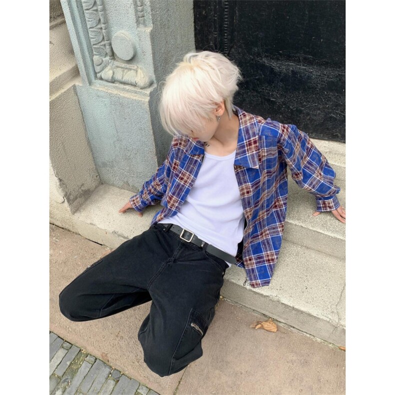 【有货】毛边破坏格子衬衫男长袖高级感拉链衬衣外套2503HH-特P45,男装衬衫,星座1007（原301D）