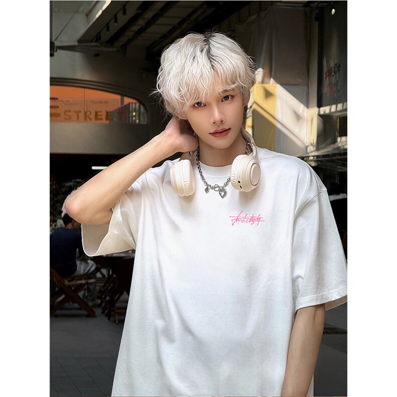 抖音得物供货210克现货宽松纯棉美式潮牌印花落肩袖纯棉T恤AT2168,男装T恤,电商A443