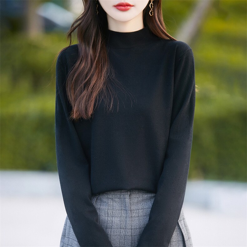 春夏半高领亲肤绒针织打底衫女长袖纯色套头宽松显瘦内搭百搭上衣,女装T恤,暖烁特种纱工厂店