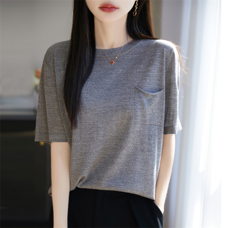 夏季天丝亚麻圆领短袖针织T恤打底衫女宽松显瘦韩版薄内搭简约潮,女装T恤,东远绒业