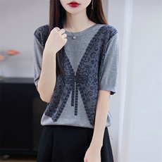 夏季100%莱赛尔天丝针织五分袖T恤女圆领蝴蝶结拼色短袖宽松打底，女装T恤，唐诺