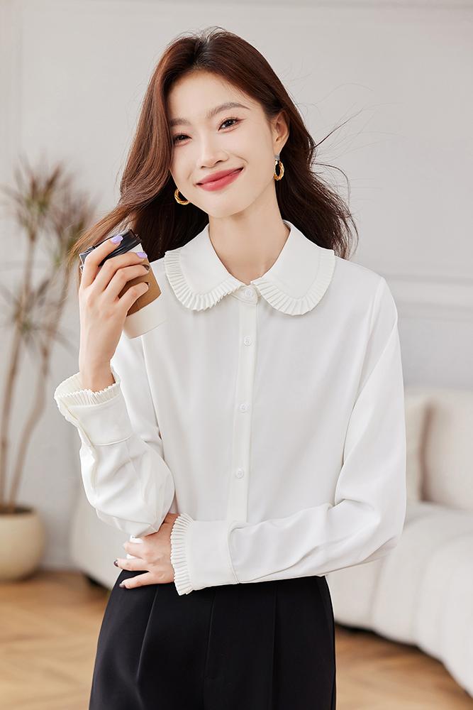 白色娃娃领内搭短款衬衫女秋季设计感小众小个子长袖衬衣女款上衣,女装衬衫,梦白服饰厂
