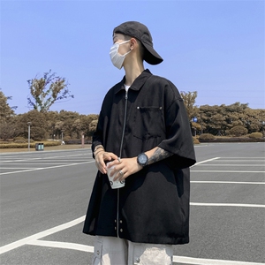 夏男冰丝短袖拉链衬衫金属铆钉五分袖衬衣CS409 P33图片