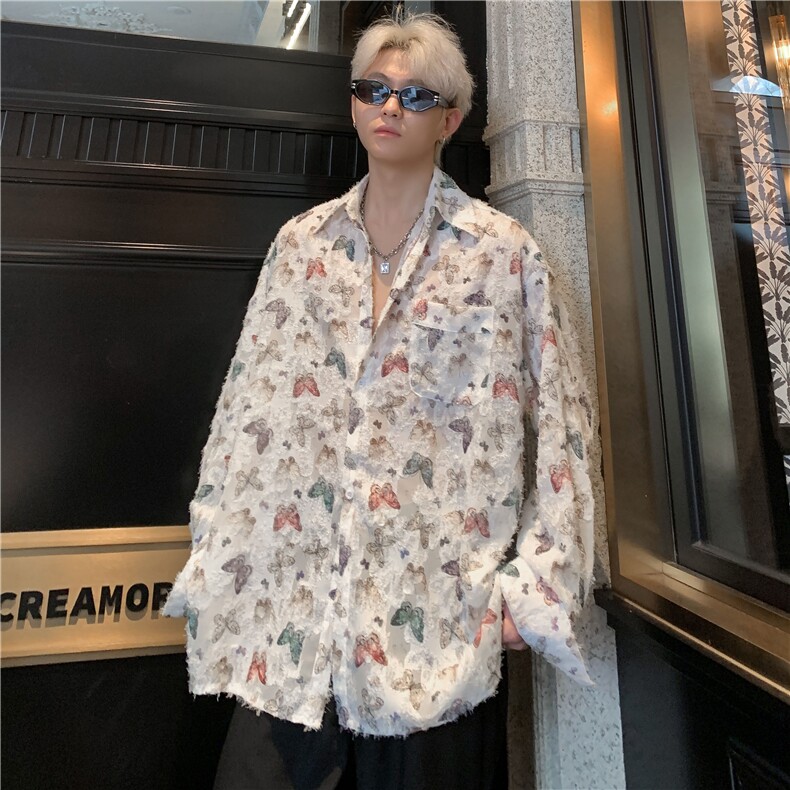 风复古潮流蝴蝶流苏毛边设计感长袖衬衫情侣宽松高级衬衣特p48,男装衬衫,电商C307A