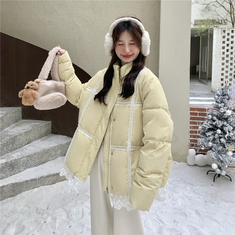 奶黄色蕾丝花边羽绒服女2025冬季新款韩系超好看加厚90白鸭绒外套,女装羽绒服,2C056