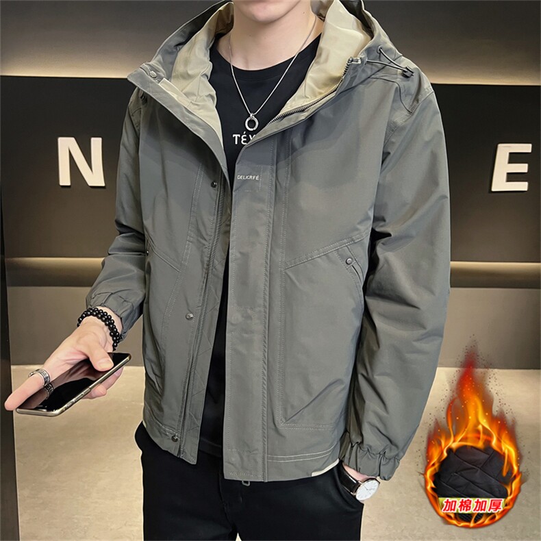 加棉加厚男士外套连帽帅气工装青年夹克百搭时尚潮流上衣,男装夹克,电商A225