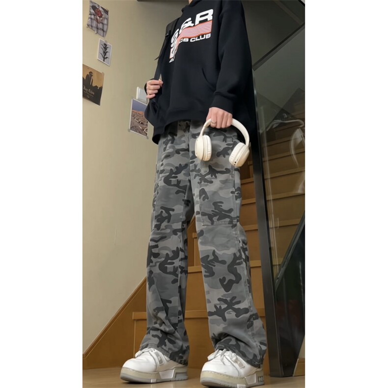 新款迷彩微喇牛仔裤美式休闲做旧直筒高街工装裤伐木裤GJ39P45，男装牛仔裤，电商D256-3(原A064-3)