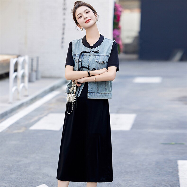 现货针织盘扣牛仔裙女2024夏季新款洋气休闲气质两件套,女装套装/套裙,魅影