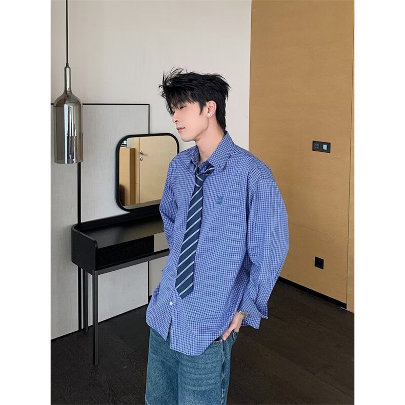 1506-1/CM1521/P35日系复古蓝格子百搭宽松慵懒长袖衬衫男女时尚,男装衬衫,星座1506-1